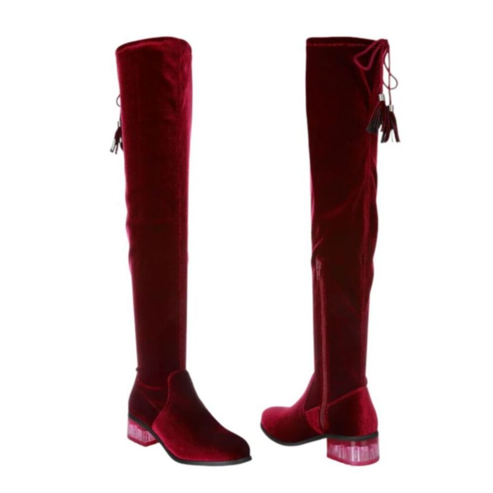 NWT London Rag Rumple Velvet Over The Knee Tassel Boots Pink Clear Heel Sz 9